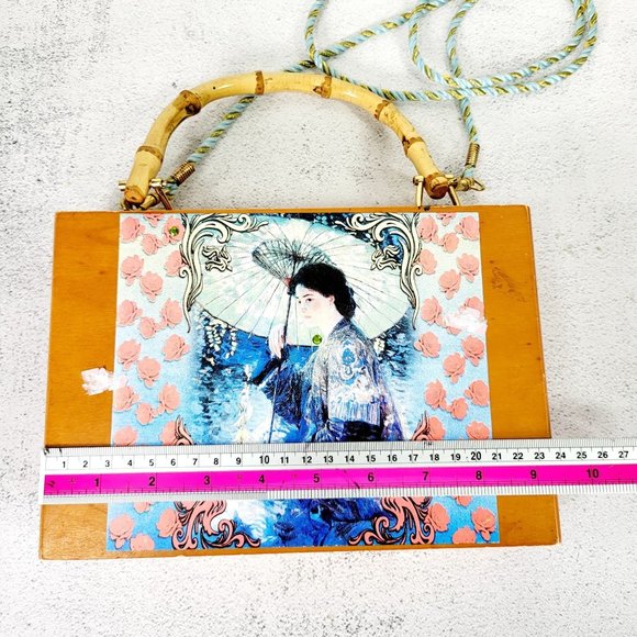 VIntage Parasol Painting Art Wooden‎ Vanity Crossbody Carry On Bag geisha 1909 - Picture 6 of 12